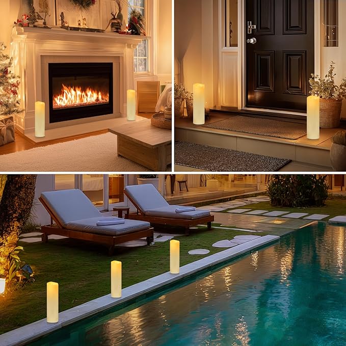 Kimjo 14" x 4" Large Outdoor Candles with Remote: Battery Operated LED Flameless Candles with Timer - Realistic Fake Waterproof Flickering Pillar Candles for Patio Porch Lanterns (Ivory 2 Pack)