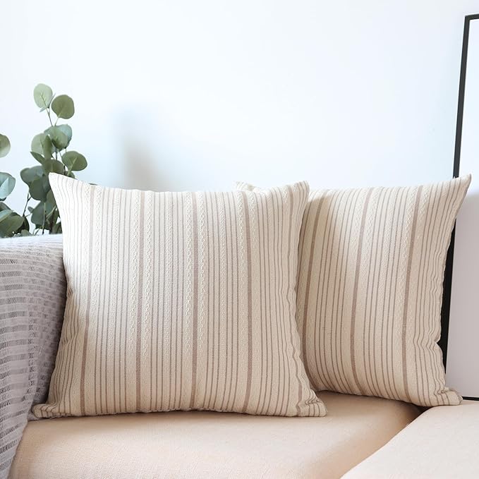 Tan Pillow Covers Farmhouse Linen Throw Pillow Covers Striped Outdoor Decorative Square Throw Pillows for Couch Sofa Bed 20 x 20 in Pack of 2 Cream and Beige