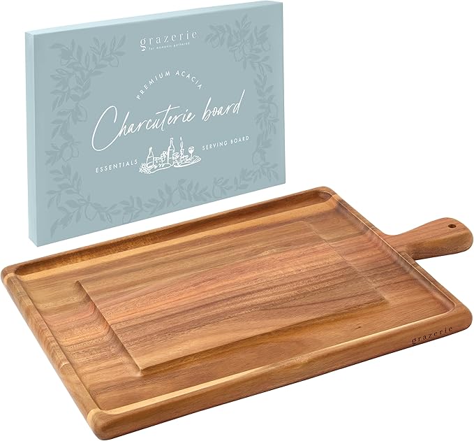 Charcuterie Board - Acacia Wood Cutting Board for Kitchen with Groove & Handle, Cheese Board for Vegetables, Bread, Fruits, Meat - Decorative Wooden Serving Tray House Warming Gift