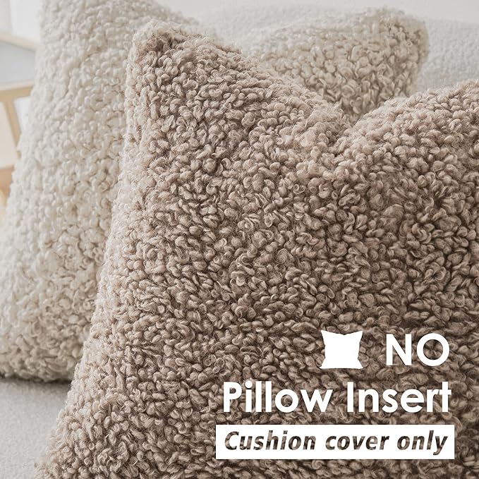 Foindtower 2 Pieces Teddy Faux Fur Throw Pillow Cover Decorative Sherpa Pillow Fuzzy Sheepskin Accent Cushion Case Soft Fleece Pillowcases for Bed Couch Living Room 18x18 Inch Khaki