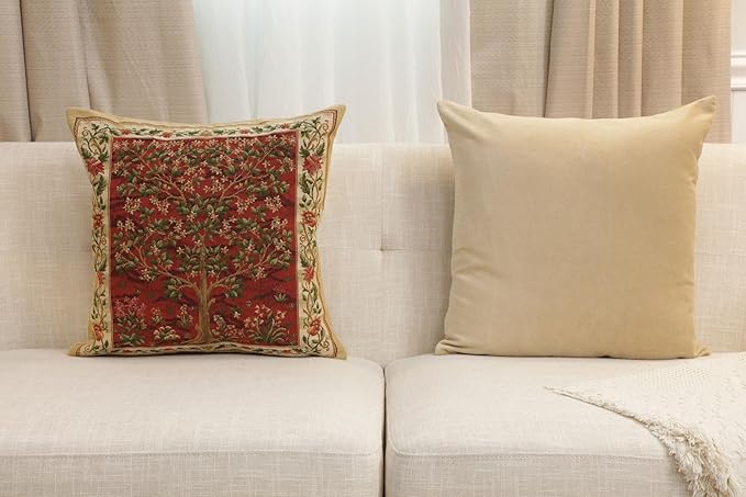 Charlotte Home Furnishings Tapestry Pillow Covers, Tree of Life Cushion Covers for Couch, Living Room 18x18 in, European Cotton Jacquard Woven for Cozy Bedroom Decor