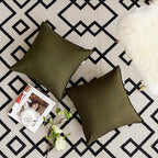 Jeanerlor 18"x18" Solid Cotton Linen Decoration Green Throw Pillow Case with Zipper Cushion Case Pillow Cover Decorative Pillowcase for Chair/Bed/Couch, (45 x 45cm),2 Packs, Olive Green