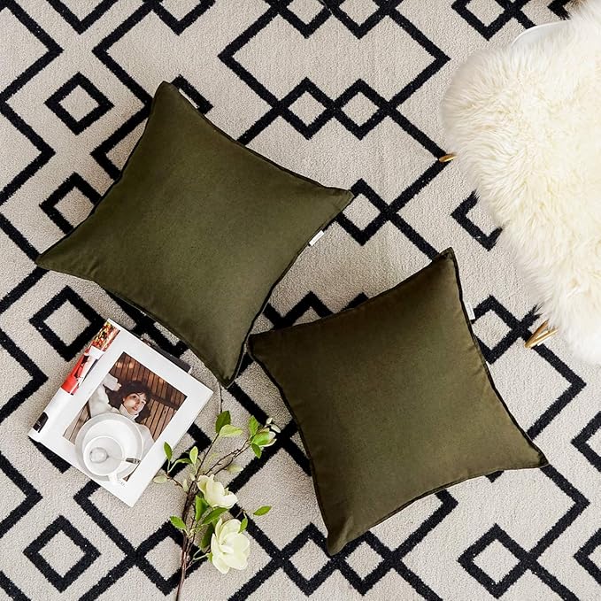Jeanerlor 18"x18" Solid Cotton Linen Decoration Green Throw Pillow Case with Zipper Cushion Case Pillow Cover Decorative Pillowcase for Chair/Bed/Couch, (45 x 45cm),2 Packs, Olive Green