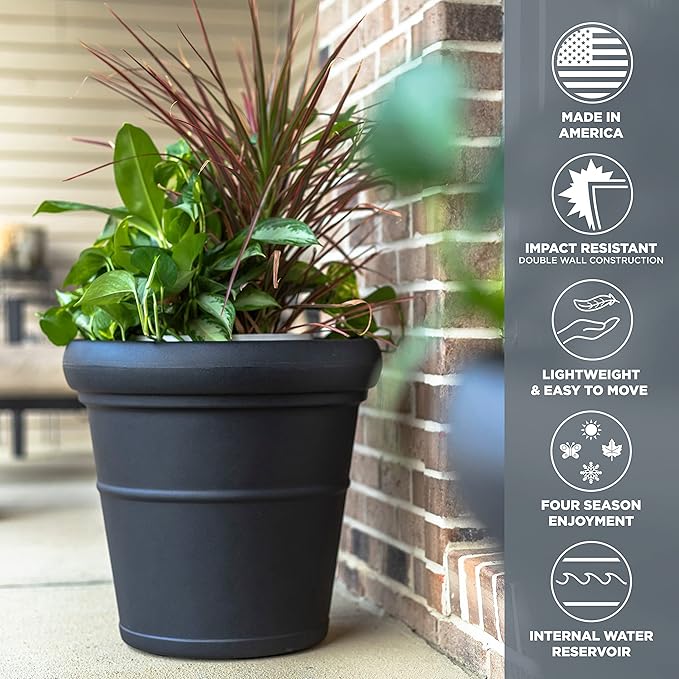 Step2 Claremont Tall Round Planter, Large Planters for Outdoor Plants, Gardening and Flower Pot for Patio or Porch, Efficient Drainage, Durable Plastic, Onyx Black, 2-Pack