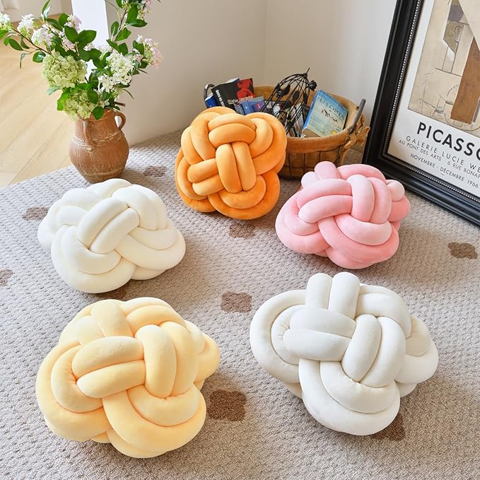 Xuyier Knot Pillow Ball, Decorative Throw Pillows with Velvet Fabric for Couch Bed, 12" Decor Knotted Square Floor Pillow Cushions for Living Room (12 Inches, Beige)