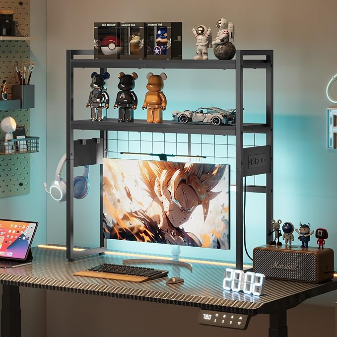 HOOBRO Desktop Bookcase, 2-Tier Office Desktop Organizer, 29.9" Wooden Storage Rack with Outlets, Display Shelf Rack with Light Strip, Desk Hutch for Office, Black BB11UDSJ01