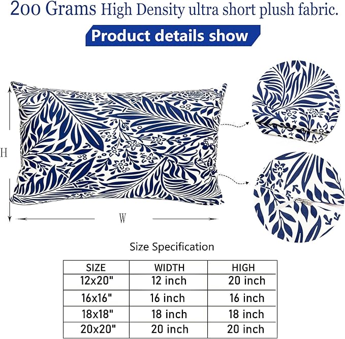 Decorative Throw Pillow Covers Set of 2 Blue Pillow Covers 12x20 inch Throw Pillow Cases Soft Short Plush Farmhouse Floral Outdoor Pillow Covers for Couch Sofa Bed Living Room Cushion Cover