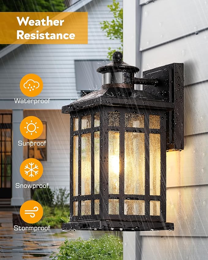 Porch Lights Outdoor with Motion Sensor, 2 Packs Oil Rubbed Bronze Outside Lantern Fixtures Wall Mount, Aluminium Anti-Rust Exterior Wall Light, Dusk to Dawn Coach Light for Garage Patio Entry