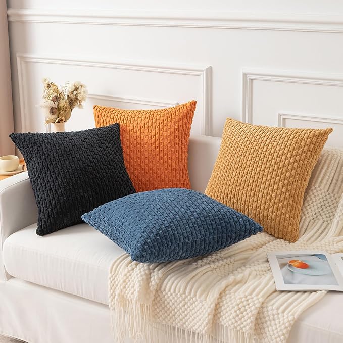 Kevin Textile Fall Pack of 2 Corduroy Decorative Throw Pillow Covers 18x18 Inch Soft Boho Striped Pillow Covers Modern Farmhouse Home Decor for Spring Sofa Living Room Couch Bed Orange