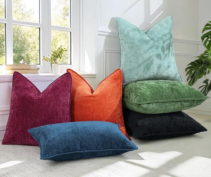 decorUhome Couch Throw Pillow Covers 20x20 Set of 2, Decorative Soft Euro Neutral Chenille Pillow Covers with Elegant Design for Sofa Bed Living Room Home Decor, Black
