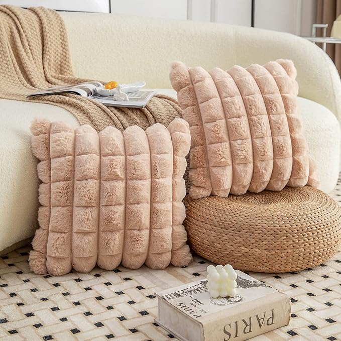 Neelvin Camel Faux Fur Cozy Soft Plaid Decorative Throw Pillow Covers 12x20 inch Set of 2,Velvet Pillowcase Cushion Case for Sofa Couch