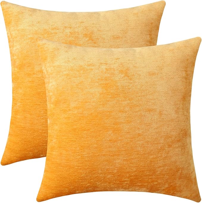 Jeneoo Gold Yellow Decorative Throw Pillow Covers Soft Chenille Comfy Solid Mustard Couch Cushion Case Decor (Set of 2, 18 x 18 Inches)