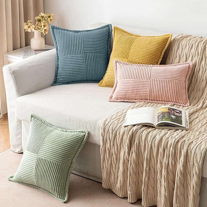 MIULEE Decorative Lumbar Throw Pillow Covers for Couch Bed Livingroom 12x20 Inch Set of 2 Gold Boho Accent Throw Pllows Broadside Striped Patchwork Soft Corduroy Summer Pillowcases