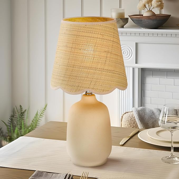 Pia Ricco 19" Modern Ceramic Table Lamp for Living Room Cream Base Desk Lamps for Bedroom Farmhouse Bedside Nightstand Lamp End Table Lamps,Beige,Rattan Shade