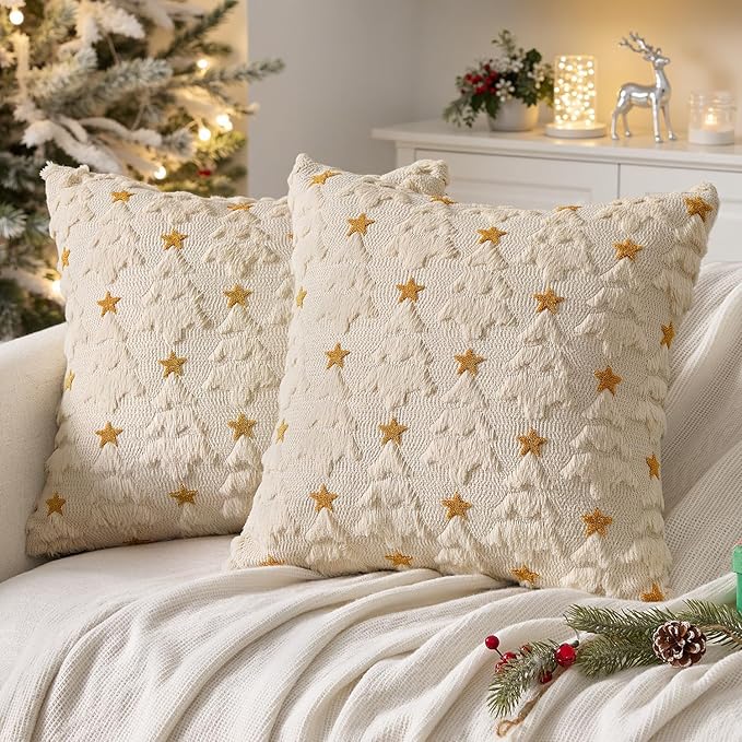 MIULEE Christmas Pillow Covers 20x20 Inch Set of 2, Beige Christmas Tree Plush Faux Fur Pillowcases Soft Decorative Throw Pillow Cases for Couch Sofa Living Room Winter Xmas Holiday Home Decor