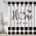 Black and White Plaid Farmhouse Shower Curtain Home Sweet Home Rustic Floral Bathroom Curtains Waterproof Polyester Fabric Bath Curtain 72 x 72 Inch with 12 Hooks