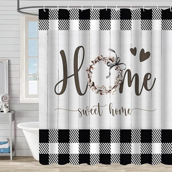 Black and White Plaid Farmhouse Shower Curtain Home Sweet Home Rustic Floral Bathroom Curtains Waterproof Polyester Fabric Bath Curtain 72 x 72 Inch with 12 Hooks