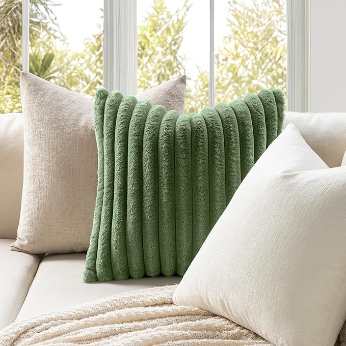 MIULEE Faux Fur Large Decorative Throw Pillow Covers 24x24 Inch Set of 2, Modern Spring Home Decor Soft Plush Couch Pillows Cozy Fluffy Cushion Covers for Sofa Bed Moss Green