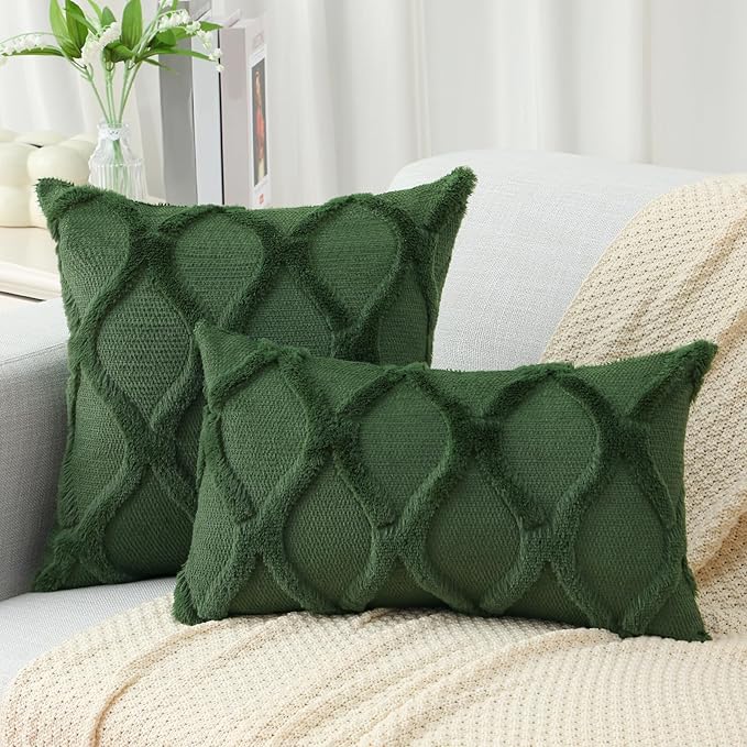 decorUhome Christmas Throw Pillow Covers 18x18 Inch Set of 2, Soft Plush Faux Fur Wool Forest Elf Couch Pillow Covers, Decorative Neutral Pillow Cases for Bed Sofa Living Room Home Decor