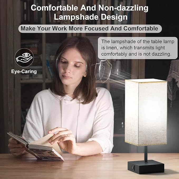 hansang Table Lamp, Touch Bedside Lamps 3 Way Dimmable, USB A&C Charging Port, Small Lamp for Bedroom, Reading Room, 5000K LED Bulb Included