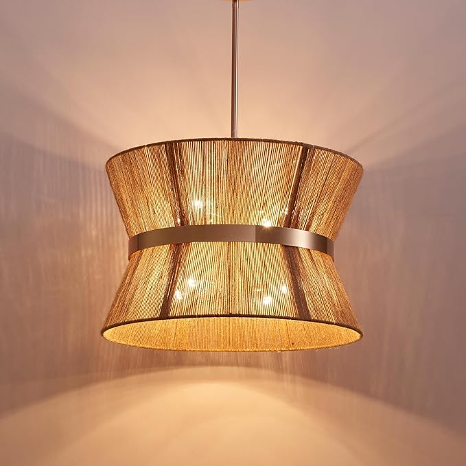 Shrine Lighting French Gold Boho Chandelier, Modern Design, Boho Drum Pendant Light for Dining Room, D18'' x H12'', Adjustable 47'', E12*8 Sockets, Jute Rope Lampshade&French Gold Finish Frame