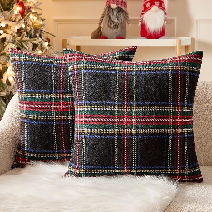 MIULEE Christmas Plaid Decorative Throw Pillow Covers Set of 2 Scottish Tartan Vintage Farmhouse Winter Cuhion Case Pillow Covers for Couch livingroom Sofa Bed Porch Home Decor 18x18inch Black