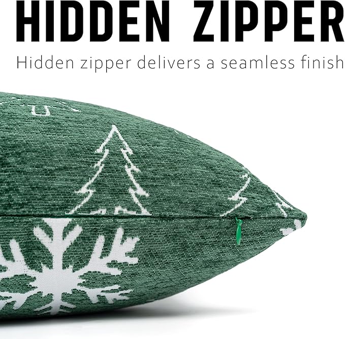 Reversible Christmas Pillow Covers 14x36, Chenille Double-Sided Snowflake & Tree, Cozy Farmhouse Holiday Throw Pillowcases with Hidden Zipper for Sofa, Couch and Bed(Green,36x14)