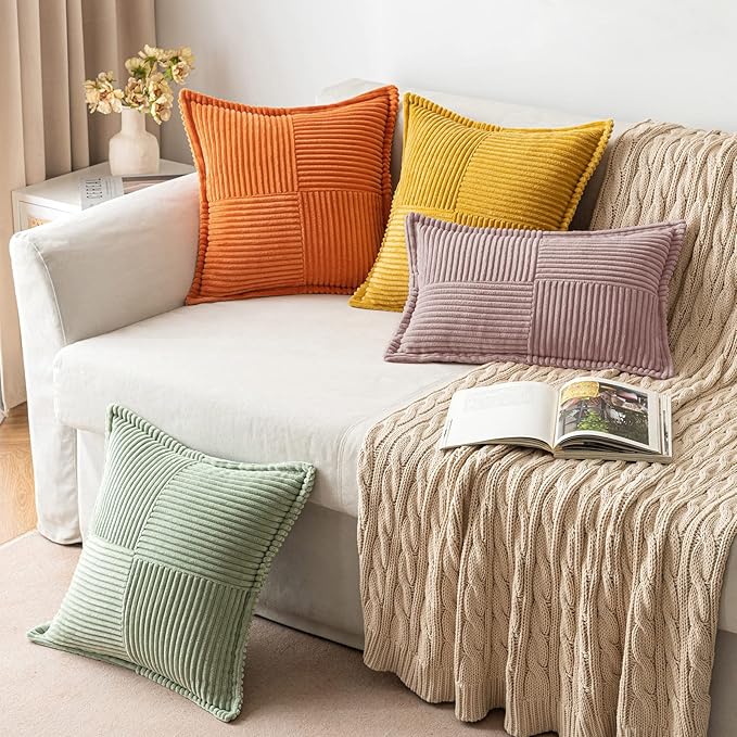 MIULEE Decorative Throw Pillow Covers for Couch Bed Livingroom 18x18 Inch Set of 2 Blush Pink Boho Accent Throw Pllows Broadside Striped Patchwork Soft Corduroy Pillowcases