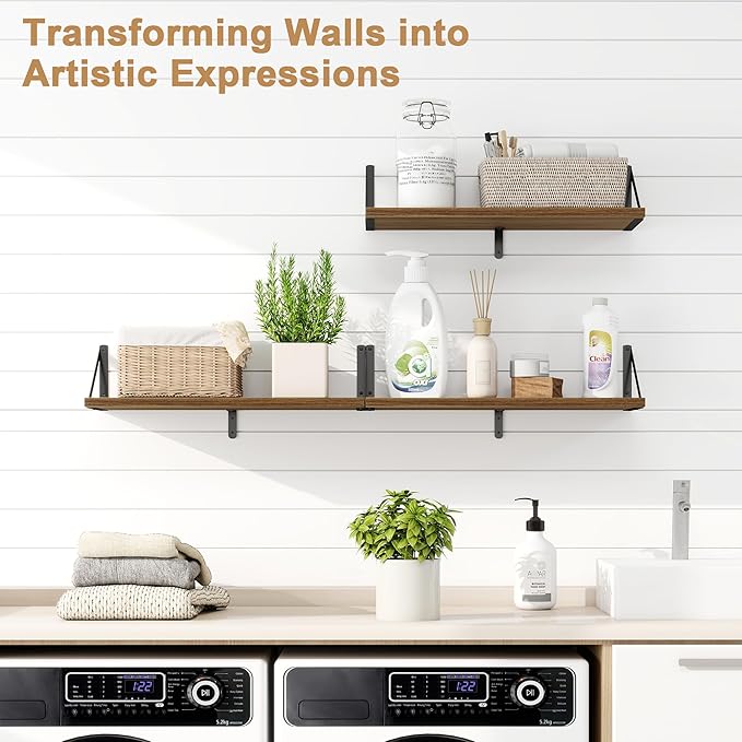 Fun Memories Floating Bookshelves, Set of 3 Wall-Mounted Wood Shelves 24" W x 8" D, Decorative Wall Shelf for Living Room, Bedroom, Bathroom, and Laundry Room (Walnut)