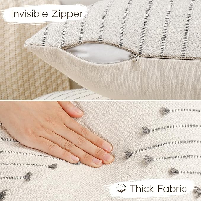 YCOLL Boho Throw Pillow Covers 12x20 Set of 2 Neutral Woven Decorative Pillowcases Cotton Tufted Couch Pillows Modern Farmhouse Accent Cushion Covers for Sofa Couch Bed Living Room Home Decor, Gray