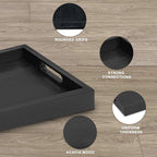 Black Acacia Wooden Rectangular Serving Tray with Handles, Set of 2 (15"x11"), Large Tray for Ottoman, Breakfast in Bed, Dinner, Coffee Table Decor & Kitchen