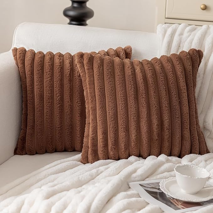MOSAYT Faux Fur Throw Pillow Covers 18x18, Set of 2, Plush Velvet Soft Pillow Case,Fluffy Striped Decorative Couch Pillow Covers for Sofa, Bedroom, Living Room(Brown)