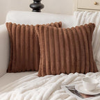 MOSAYT Fall Faux Fur Throw Pillow Covers 20x20, Set of 2, Plush Velvet Soft Pillow Case,Fluffy Striped Decorative Couch Pillow Covers for Sofa, Bedroom, Living Room(Brown)