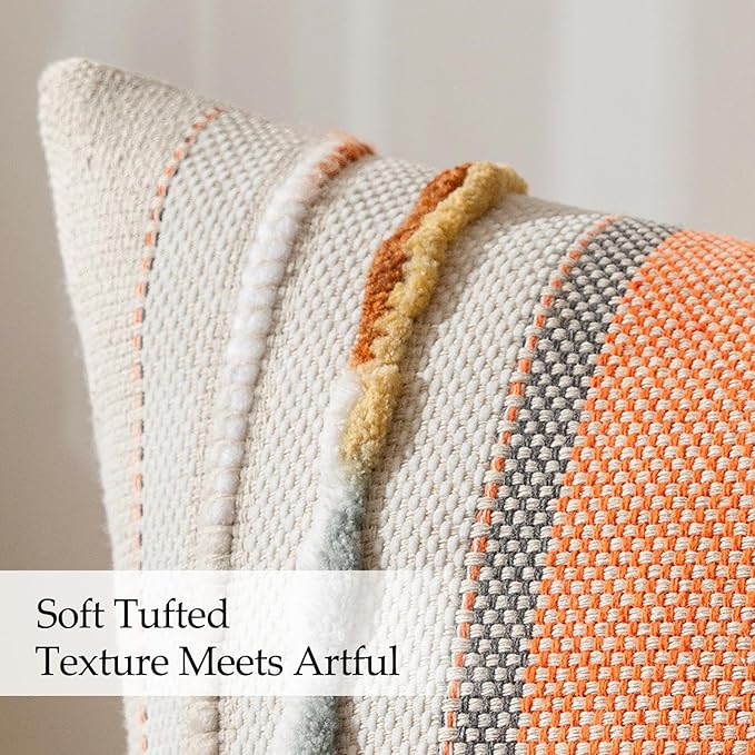 ANRODUO Pack of 2 Boho Decorative Throw Pillow Covers 18x18 Farmhouse Cushion Case Striped Chenille Pillow Cases Square Pillow Covers Accent Neutral Pillowcase for Sofa Couch Bed Fall, Pink Stripe