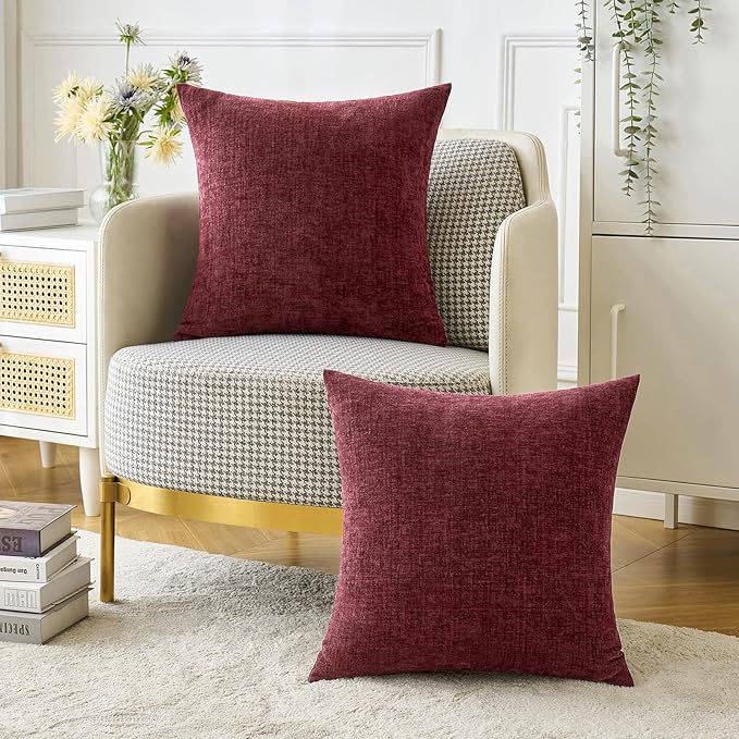 MIULEE Pack of 2 Christmas Couch Throw Pillow Covers 16x16 Inch Soft Wine Red Chenille Pillow Covers for Sofa Living Room Solid Dyed Pillow Cases