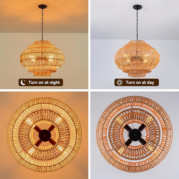 23.6-in Rattan Chandelier Boho Pendant Light Fixture Dinning Room Chandelier Boho Hanging Light Large Basket Light Woven Rattan Pendant Light for Kitchen Island Bedroom Farmhouse Living Room