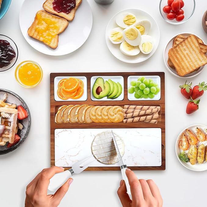 Charcuterie Board Set - EUMUU Premium Large Acacia Wood Cheese Platter with Reusable Bowls, Cheese Knives and Forks - Housewarming, Wedding, Bridal Shower, Birthday Gifts