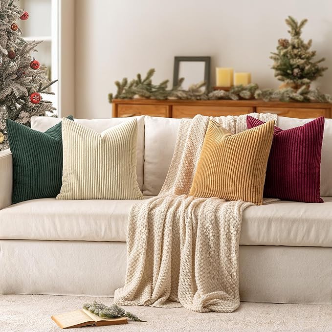 MIULEE Boho Farmhouse Christmas Red Throw Pillow Covers 18x18 Inch Set of 4 Mordern Nordic Cushion Covers Soft Corduroy Home Decor for Couch Bed Sofa Living Room