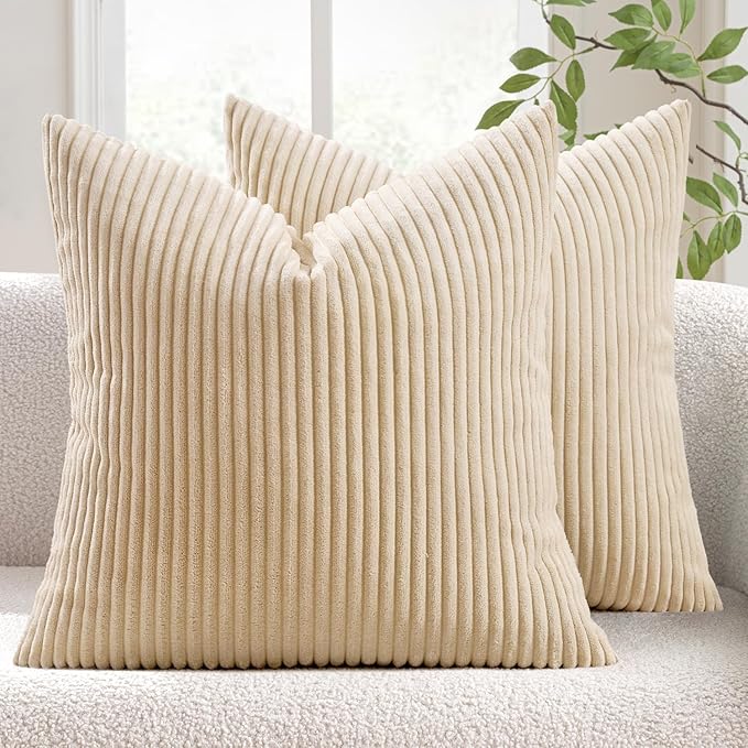 MIULEE Pack of 2 Corduroy Pillow Covers Soft Soild Striped Throw Pillow Covers Set Decorative Square Cushion Cases Pillowcases for Spring Sofa Bedroom Couch 20 x 20 Inch Beige