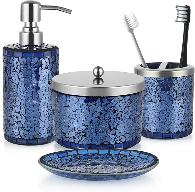 4 Pcs Mosaic Glass Bathroom Accessories Set, Modern Luxury Bath Ensemble, Includes Soap Dispenser, Cotton Swab Jar, Toothbrush Holder, Soap Dish (Shiny Blue)