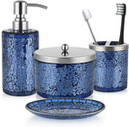 4 Pcs Mosaic Glass Bathroom Accessories Set, Modern Luxury Bath Ensemble, Includes Soap Dispenser, Cotton Swab Jar, Toothbrush Holder, Soap Dish (Shiny Blue)