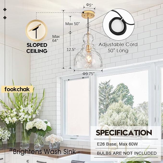 Hammered Glass Pendant Light, Pendant Lights Kitchen Island, Brushed Brass Kitchen Island Light Large 10 inch Gold Glass Ceiling Pendant Lights Over Sink for Hallway Entrance