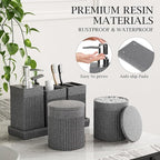 6-Piece Bathroom Set Grey - Stone Textured Resin Bathroom Organizer with Soap Dispenser, Toothbrush Holder, Vanity Tray, Tumbler & Cotton Swab Jars for Small Spaces