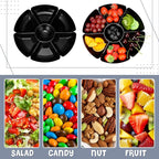 Zhehao 6 Pcs Plastic Divided Serving Trays with 60 Pcs Disposable Fork, 7 Compartments Round Chip Dip Plate, Petal Shape Platter, 10.6'' Snacks Serving Dish for Party Candy Nuts Fruits (Black)