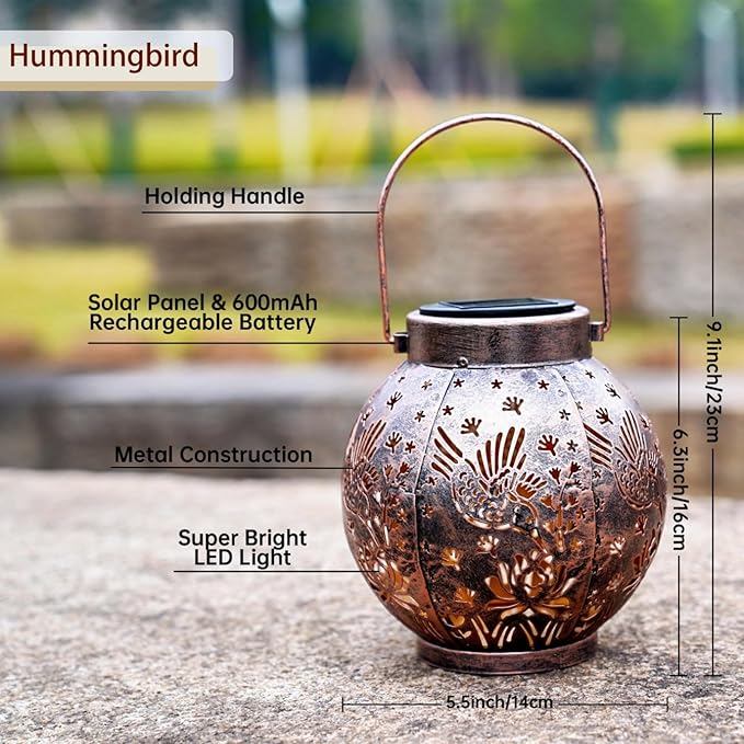 Outdoor Solar Hanging Lantern Lights Metal LED Decorative Lamp for Garden Patio Courtyard Lawn and Table with Hollowed-Out Design (Bronze Hummingbird)