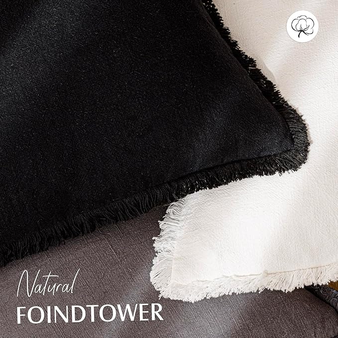 Foindtower Set of 2 Decorative Linen Fringe Throw Pillow Covers Cozy Boho Farmhouse Cushion Cover with Tassels Soft Accent Pillowcase for Couch Sofa Bed Living Room Home Decor, 24×24 Inch, Black