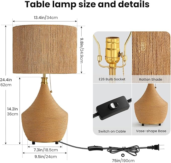 Rattan Lamp Boho Table Lamp - 23.62" Bedside Table Lamps for Bedroom Rustic Handmade Woven Lamp Nightstand Lamps with Pull Chain for End Table, Living Room, Farmhouse - E26 Socket (Tan-1PC)