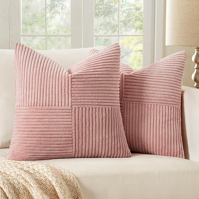 MIULEE Pink Corduroy Pillow Covers Pack of 2 Boho Decorative Spliced Throw Pillow Covers Soft Solid Couch Pillowcases Cross Patchwork Cushion Covers for Living Room Bed Sofa 18x18 inch Valentines Day