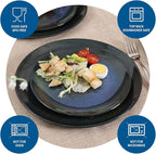 Melamine Dinnerware Set, 12pcs Plates and Bowls Set, Blue Dinner Dishes Set for Indoor and Outdoor, BPA-Free, Dishwasher Safe