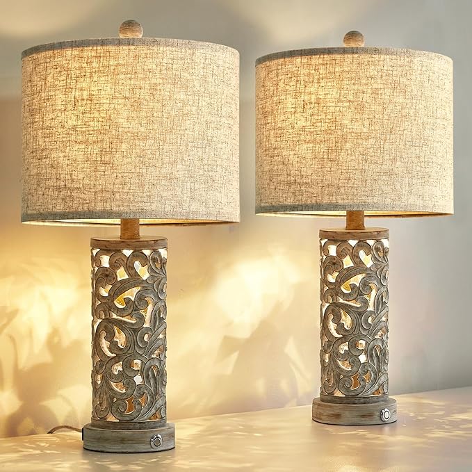 OYEARS 3-Way Dimmable 22'' USB A+C Touch Control Table Lamp Set of 2 with Nightlight for Living Room Bedroom Farmhouse Bedside Nightstand Lamps (Bulb Included)